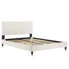 Modway Leah - Lit plateforme Queen en velours haute performance à motif chevrons avec pieds en bois et manchons en métal doré - Blanc-Lit plateforme Queen