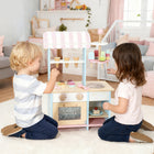 Qaba - Boutique de glaces en bois pour enfants avec aliments-jouets - bleu clair-Présente un design 2-en-1 avec un four pour un double jeu de rôle amusant 
