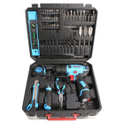 Fixtec 12V Cordless Drill 60-Piece Kit with Battery and Charger-Packed in a black storage box for ease of use.