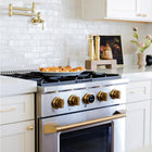 Kucht 30" KXP Series Dual Fuel Range Natural Gas - Stainless Steel/Gold-Matching the power of professional kitchens, this range features a convection oven with 2-bake elements of 3,000-Watt base and 850-Watt top and a broiler heating element of 3,500-Watt top