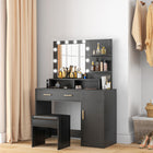 HOMCOM Vanity Desk with Mirror and Lights - 40.9" L x 15.7" W x 55.1" H - Black-Ample storage with a drawer, 3 open shelves and a cabinet with adjustable inner shelving 
