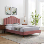 Modway Elise Performance Velvet Twin Platform Bed with Wood Legs and Gold Metal Sleeves - Dusty Rose-Stain-Resistant Performance Velvet