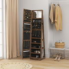 HOMCOM Mirror Jewelry Cabinet - 15" L x 15" W x 63" H - Rustic Brown-Comes with earring slots, necklace and bracelet hooks, ring slots, eyebrow pencil boxes, shelves 