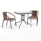 Table carrée en verre/métal 28 po, bordure en rotin brun foncé et 2 chaises empilables en rotin brun foncé (TLH-073SQ-037BN2-GG)-Ensemble de table et chaises