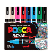 Uni POSCA Water-Based Paint Markers with Reversible Brush Tip - 1.0mm/4.0mm - Assorted - 8 Pack-Water-based paint markers suitable for most art and craft projects on over 50 surfaces, including wood, glass, metal, plastic, ceramic, leather and more