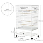 PawHut - Grande cage à oiseaux en métal 52 po H avec support à roulettes, étagère de rangement, perchoir en bois - blanc-4 roulettes universelles assurent un déplacement rapide et sécurisé 