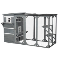 PawHut 76" L Outdoor Wooden Catio Walk-in Cat House with Jump Platforms - Grey-Suitable for two or three cats (up to 10 kg (20 lbs) for each) 