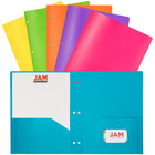 JAM Paper - Dossiers POP en plastique à deux pochettes pour l'école - couleurs tendance assorties - Paquet de 6-Couleur : fuchsia, orange, jaune, vert citron, bleu sarcelle et violet.