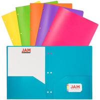 JAM Paper - Dossiers POP en plastique à deux pochettes pour l'école - couleurs tendance assorties - Paquet de 6-Couleur : fuchsia, orange, jaune, vert citron, bleu sarcelle et violet.