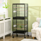 PawHut - Cage à oiseaux 2 en 1 avec roues, plateau amovible 55 po H - noir-Grandes portes avant avec plusieurs portes latérales pour la nourriture 