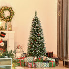 HOMCOM 5' Snow-Flocked Pencil Christmas Tree with Pine Cones and Berries - Green-Sleek pencil shape design suits for saving space 