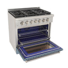 Kucht 36" KFX-X Series Pro Style Propane Gas Range - Stainless Steel/Light Blue-Product dimensions 27.75" L x 36" W x 36" H