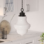 Hudson&Canal Annie 9.13" Wide Pendant with Glass Shade - Blackened Bronze/White Milk-Handcrafted blackened bronze finish is applied to the gourd metal base