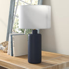 Hudson&Canal Carlina 25" Tall Ceramic Table Lamp with Fabric Shade - Matte Navy/White-Handcrafted matte navy finish is applied to the round ceramic base