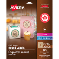 Avery - Étiquettes en papier kraft brun, rondes, imprimables jusqu'au bord, permanentes, laser/jet d'encre, 2-1/2"-Ne s’écornent pas, ne tombent pas 