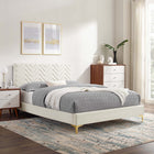 Modway Leah - Lit plateforme Simple en velours haute performance à motif chevrons avec pieds en métal doré et embouts - Blanc-Velours de performance résistant aux taches