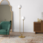 Hudson&Canal Dufrene 2-Light Floor Lamp with Glass Shades - Brass/White Milk-Handcrafted brass finish is applied to the steel base