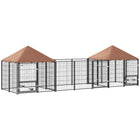 PawHut Outdoor Dog Kennel with 2 Rooms and Adjustable Height Rotating Bowls - 16.2' x 4.7' x 5.1' - Coffee-Two room and activity area offer relaxation and freedom 