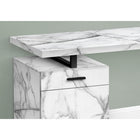 Monarch Specialties 7762 48" Computer Desk - White Marble Left Or Right Facing-Drawer handles, desktop support, and sturdy U-shaped metal leg are in a contrasting black finish