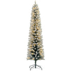 HOMCOM 7' Snow-Flocked Artificial Pencil Christmas Tree with Lights - Green-Snow flocked branches mimic a fresh, snowy winter scene 