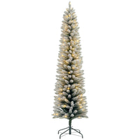 HOMCOM 7' Snow-Flocked Artificial Pencil Christmas Tree with Lights - Green-Snow flocked branches mimic a fresh, snowy winter scene 