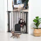 PawHut 30"-32" Extra Wide Pet Gate Barrier with Small Door - 30"H - Black-Adult can open the door with a single hand by sliding the button on both end at the same time and lift