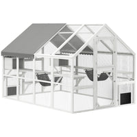 PawHut 74" H Outdoor Catio Cat Enclosure with Weatherproof Canopy and Bridges - White-Suspension bridges, condos and platforms satisfy climbing instincts 
