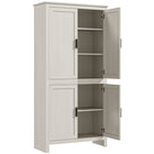 HOMCOM 64" H Kitchen Pantry Cabinet with Shelves - White-Contemporary chic with recessed door panels and antique metal handles 