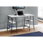 Monarch Specialties 7527 48" Computer Desk - White Marble-Look/Black Metal-Thick, rectangular desktop and 4 shelves in 2 different sizes are finished in a non-glossy, white marble-look laminate