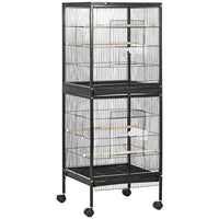 PawHut - Cage à oiseaux 2 en 1 avec roues, plateau amovible 55 po H - noir-Construction en acier solide et durable 