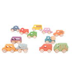 TickiT - Véhicules en bois arc-en-ciel - Ensemble de 12-Jeu Imaginatif - Utilisez les graphiques gravés pour présenter différentes formes de transport et les rôles qu'elles jouent. Créez des embouteillages ou utilisez l'attelage de remorque fonctionnel pour remorquer un ami en sécurité !