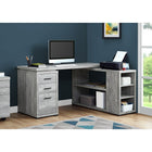 Monarch Specialties 7421 Computer Desk - Grey Reclaimed Wood L/R Facing Corner-Open and closed storage options include 2 open shelves with 1 adjustable shelf panel, 3 cubbies with 2 adjustable shelf panels at the front, and 2 storage drawers with metal drawer glides plus 1 file drawer with hanging bars, all accented with silver handles.