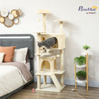 PawHut 63" H Cat Tree with Two Cat Condos - Cream White-Includes scratching posts and ramp for natural clawing instincts 