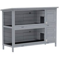 PawHut - Clapier à lapin 2 niveaux en bois gris - 53,75 po L x 19,75 po l x 36,5 po H-Fabriqué en bois de sapin massif reconnu pour sa solidité et sa durabilité 