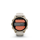 Garmin - fēnix 8 – 43 mm, saphir AMOLED, or doux avec bracelet en silicone gris brouillard/grès foncé-Pour votre style de vie actif, un haut-parleur et un micro intégrés vous permettent de passer et de recevoir des appels téléphoniques depuis votre poignet lorsque votre montre est couplée à votre smartphone. Vous pouvez même utiliser l'assistant vocal de votre smartphone pour répondre aux messages texte et bien plus encore