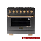 Kucht 36" KEG Series Pro Style Gas Range - Gemstone -The six-burner gas range includes one 20 000 BTU dual burner with simmer, one 15 000 BTU burner, one 12 000 BTU burner, two 9 000 BTU burners, and one 6 000 BTU burner