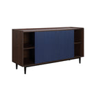 Manhattan Comfort Duane 59.05" Mid-Century Modern Sideboard - Dark Brown and Navy Blue-Ribbed Design with Wood Grain Laminate Finish