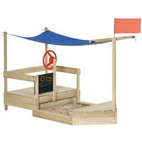 Outsunny - Bac à sable en bois pour enfants en forme de bateau avec couvercle - Bois naturel-D'aspect attrayant et réaliste, il comprend un drapeau, un gouvernail, un tableau noir et deux sièges latéraux 