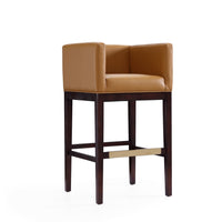 Manhattan Comfort Kingsley 21" Mid-Century Modern Faux Leather Upholstered Bar Stool - Camel and Dark Walnut-Mid-Century Modern Barstool with Backseat Perfect for Bar and Kitchen Use