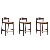 Manhattan Comfort - Klismos tabouret de comptoir 20" style milieu du siècle moderne, revêtement en similicuir, camel et noyer foncé, lot de 3-Tabouret de comptoir moderne du milieu du siècle avec dossier parfait pour le bar et la cuisine. Ensemble de 3