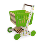 Janod - Chariot de courses en bois Marché vert-Comprend 5 boîtes de conserve factices et 2 sacs en papier.
