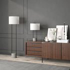 Hudson&Canal Uma 27.75" Tall Table Lamp with Fabric Shade - Blackened Bronze/Concrete/White-Paired with a white drum fabric shade