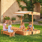 Qaba Kids Wooden Sandbox with Canopy, Foldable Picnic Table - Khaki-Features an adjustable UV-proof canopy for all-weather fun and uninterrupted play