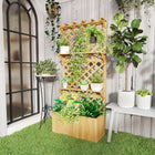 Outsunny Wooden Planter with Trellis & Hanging Roof - Plant Shelf - Drainage Holes - Bed Liner - Nature Wood-Small roof and two shelves display hanging baskets and pots
