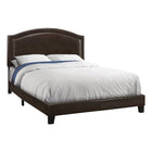 Monarch Specialties 5938Q Queen Size Bed - Brown Leather-Look With Brass Trim-Upholstered headboard, side and end rail in a dark brown leather-look fabric