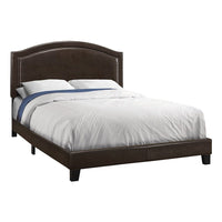 Monarch Specialties 5938Q Queen Size Bed - Brown Leather-Look With Brass Trim-Upholstered headboard, side and end rail in a dark brown leather-look fabric