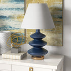 Hudson&Canal - Lampe de table Carleta (67,3 cm) à triple gourde avec abat-jour en tissu - Bleu/blanc-Une finition bleue artisanale est appliquée sur la base cylindrique en métal et en verre