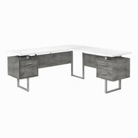 Monarch Specialties 7618 70" Computer Desk - White/ Concrete/ Silver Metal/ L/R-L-shaped computer desk with 3 storage drawers featuring thick-panel construction and 3 sturdy metal legs in a silver finish