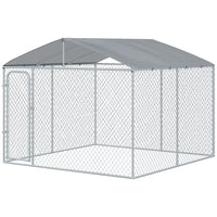PawHut Outdoor Dog Kennel with Waterproof UV-Resistant Cover - 9.8' x 9.8' x 7.7' - Silver-Dog enclosed kennel offers ample room for your pet to exercise and play 