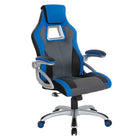 OSP Designs Race Chair - Charcoal Grey with Blue Trim-Blue Trim , Black and Grey Bonded Leather with White Stitching and Grey Nylon